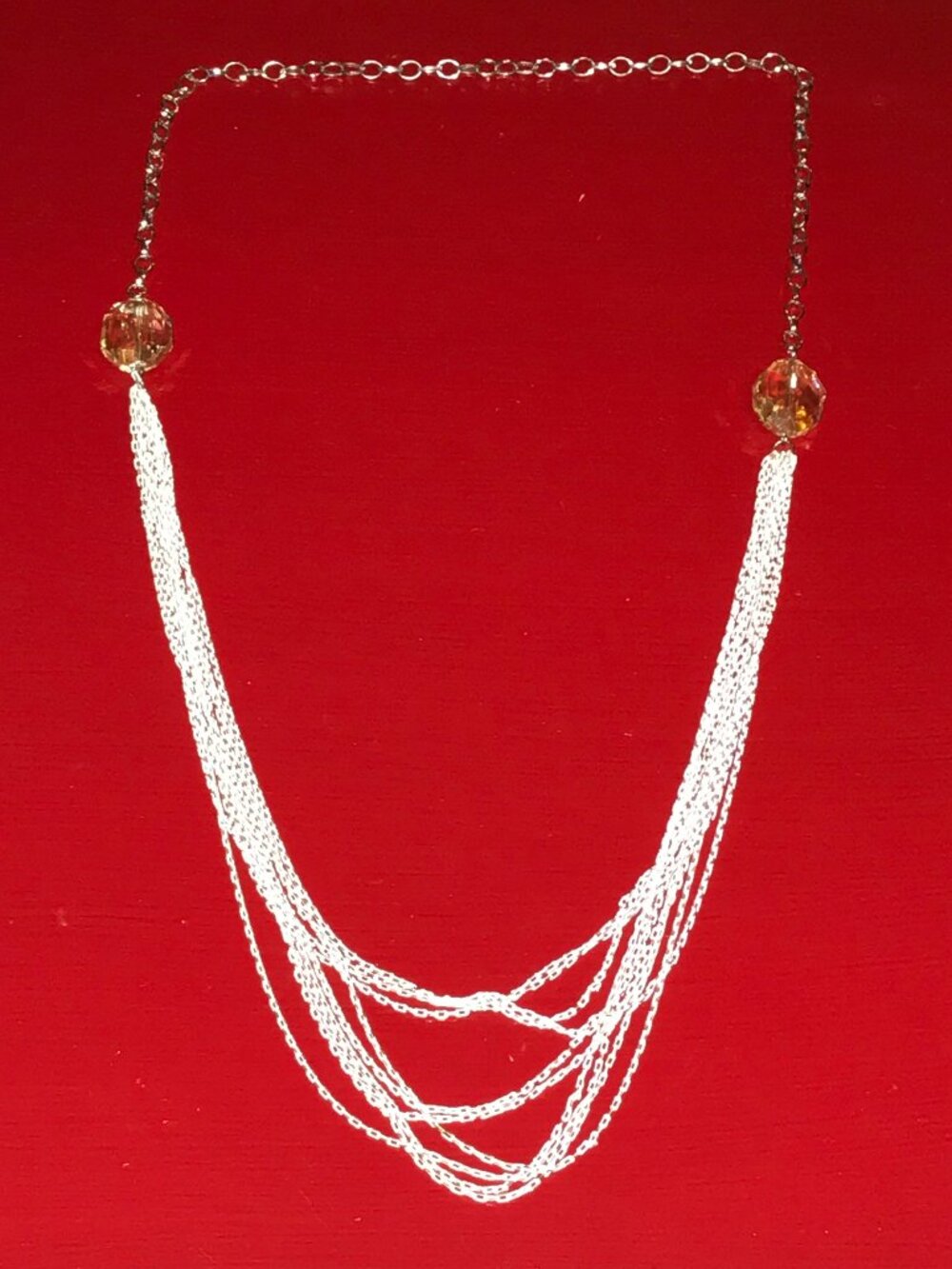 Vintage Silver Tone Multi-Strand Layered Chain Amber Faceted Crystals Necklace